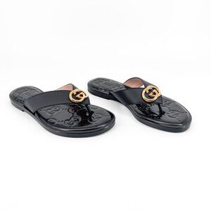 Gucci GG Black Interlocking Logo Flat Thong Sandal Flip Flop Size 37 US 7 Women